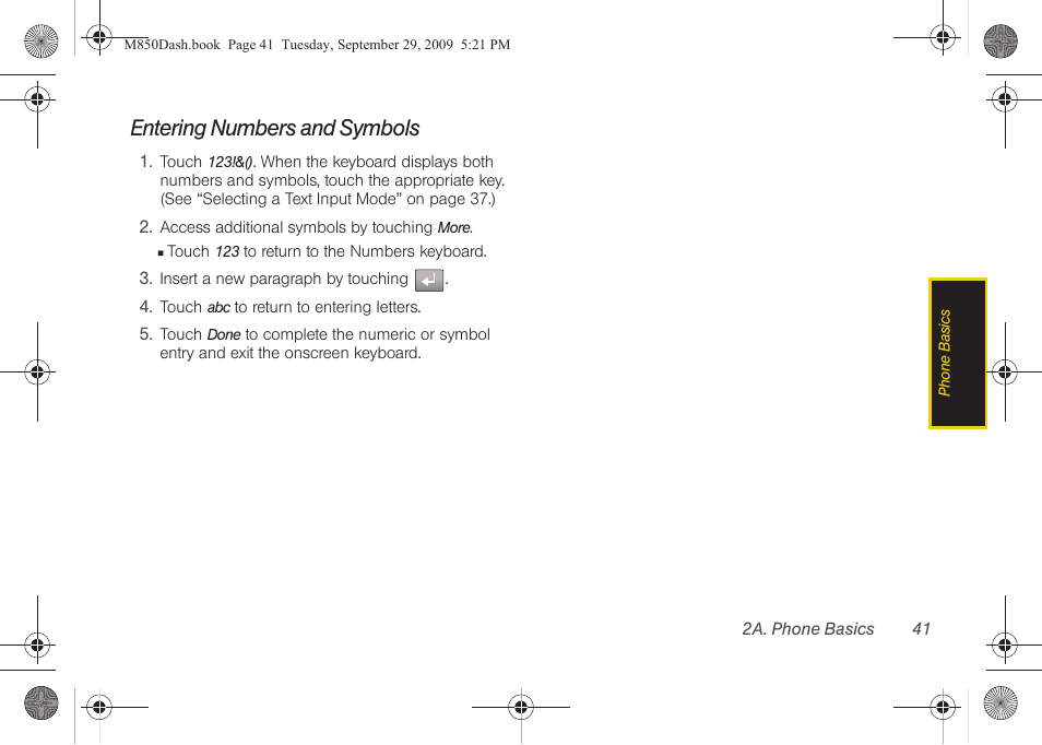 Entering numbers and symbols | Samsung SPH-M850BSASPR User Manual | Page 53 / 241