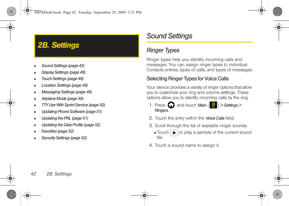 2b. settings, Sound settings, Ringer types | Samsung SPH-M850BSASPR User Manual | Page 54 / 241