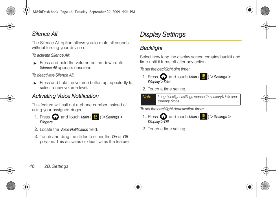 Silence all, Activating voice notification, Display settings | Backlight | Samsung SPH-M850BSASPR User Manual | Page 58 / 241