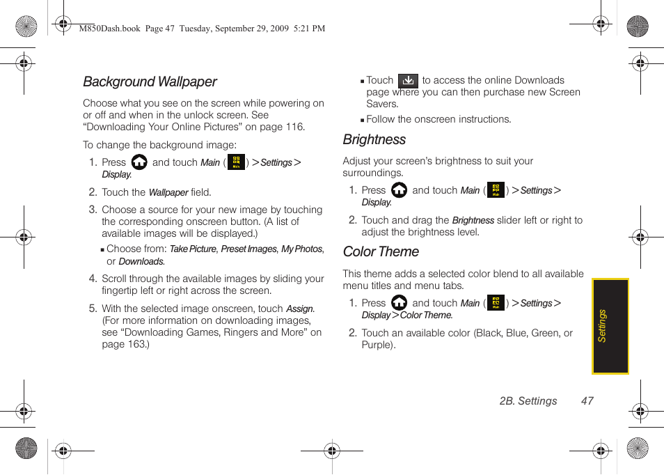 Background wallpaper, Brightness, Color theme | Samsung SPH-M850BSASPR User Manual | Page 59 / 241