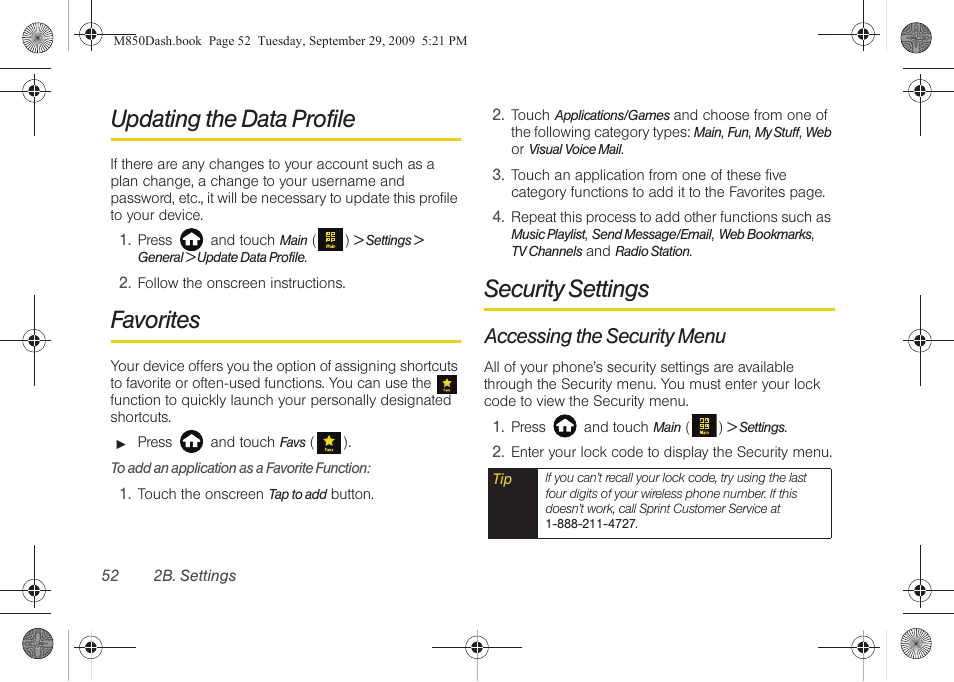 Updating the data profile, Favorites, Security settings | Accessing the security menu | Samsung SPH-M850BSASPR User Manual | Page 64 / 241