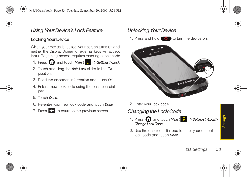 Using your device’s lock feature, Unlocking your device, Changing the lock code | Samsung SPH-M850BSASPR User Manual | Page 65 / 241