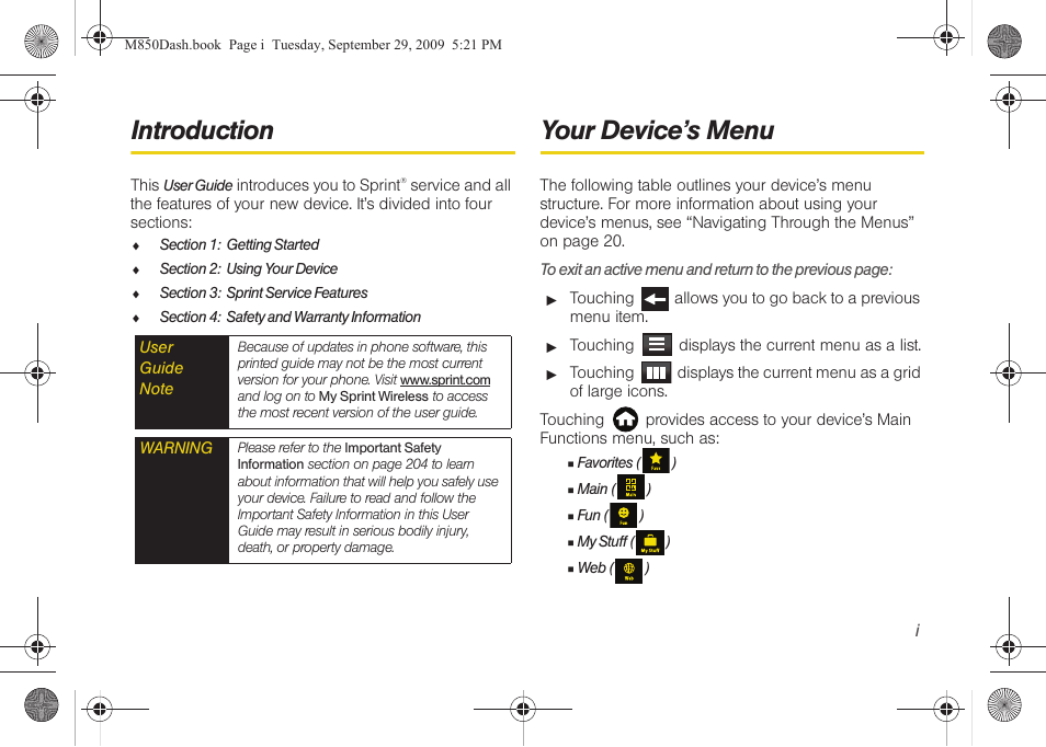 Introduction, Your device’s menu | Samsung SPH-M850BSASPR User Manual | Page 7 / 241