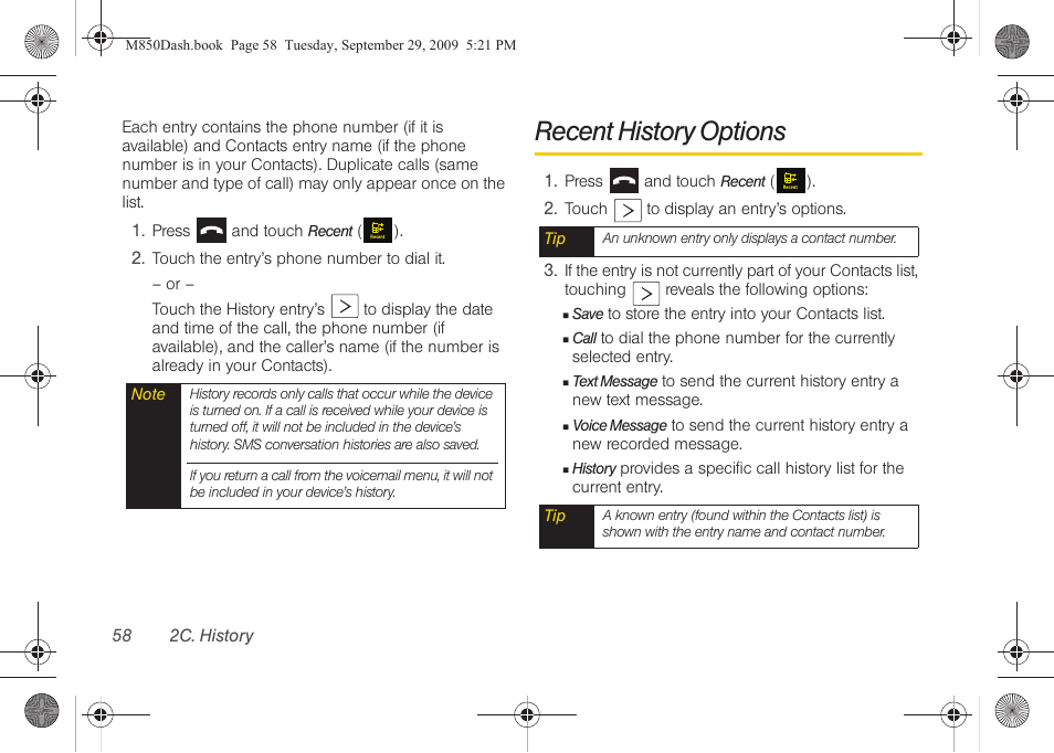 Recent history options | Samsung SPH-M850BSASPR User Manual | Page 70 / 241