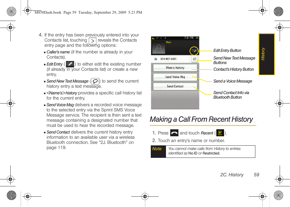 Making a call from recent history | Samsung SPH-M850BSASPR User Manual | Page 71 / 241