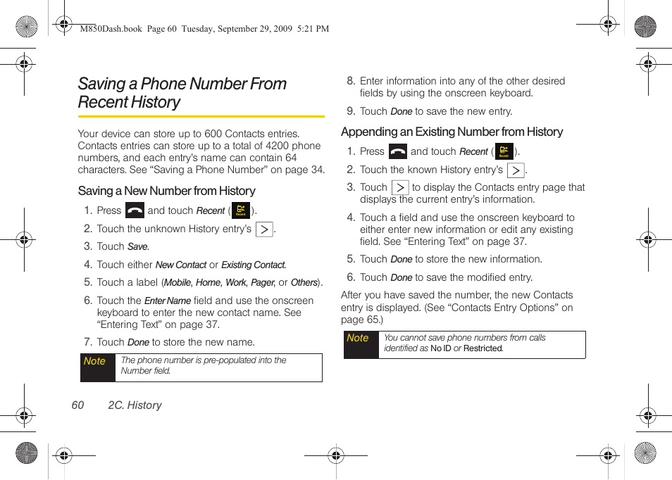 Saving a phone number from recent history, Saving a phone number from recent history 60 | Samsung SPH-M850BSASPR User Manual | Page 72 / 241