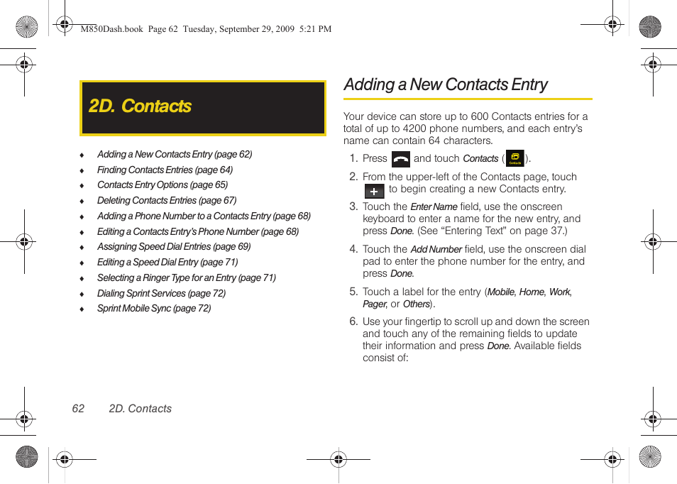 2d. contacts, Adding a new contacts entry | Samsung SPH-M850BSASPR User Manual | Page 74 / 241