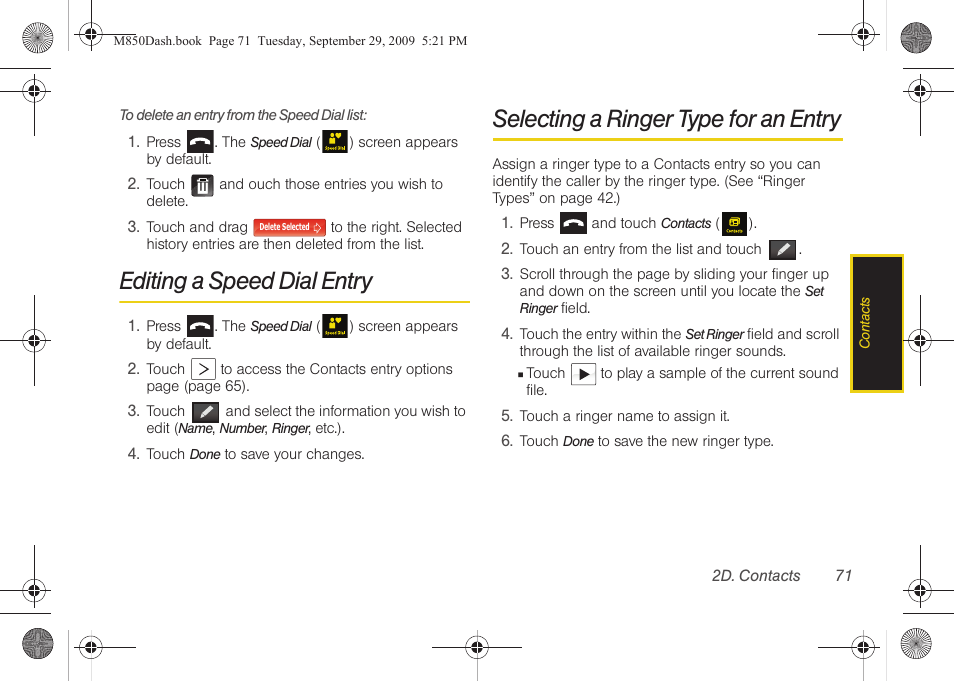 Editing a speed dial entry, Selecting a ringer type for an entry | Samsung SPH-M850BSASPR User Manual | Page 83 / 241