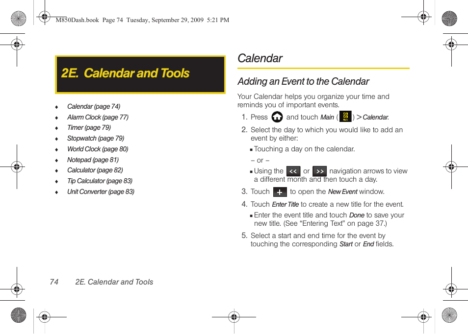 2e. calendar and tools, Calendar, Adding an event to the calendar | Samsung SPH-M850BSASPR User Manual | Page 86 / 241