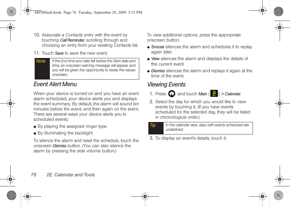 Event alert menu, Viewing events | Samsung SPH-M850BSASPR User Manual | Page 88 / 241