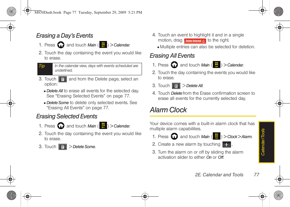 Erasing a day’s events, Erasing selected events, Erasing all events | Alarm clock | Samsung SPH-M850BSASPR User Manual | Page 89 / 241