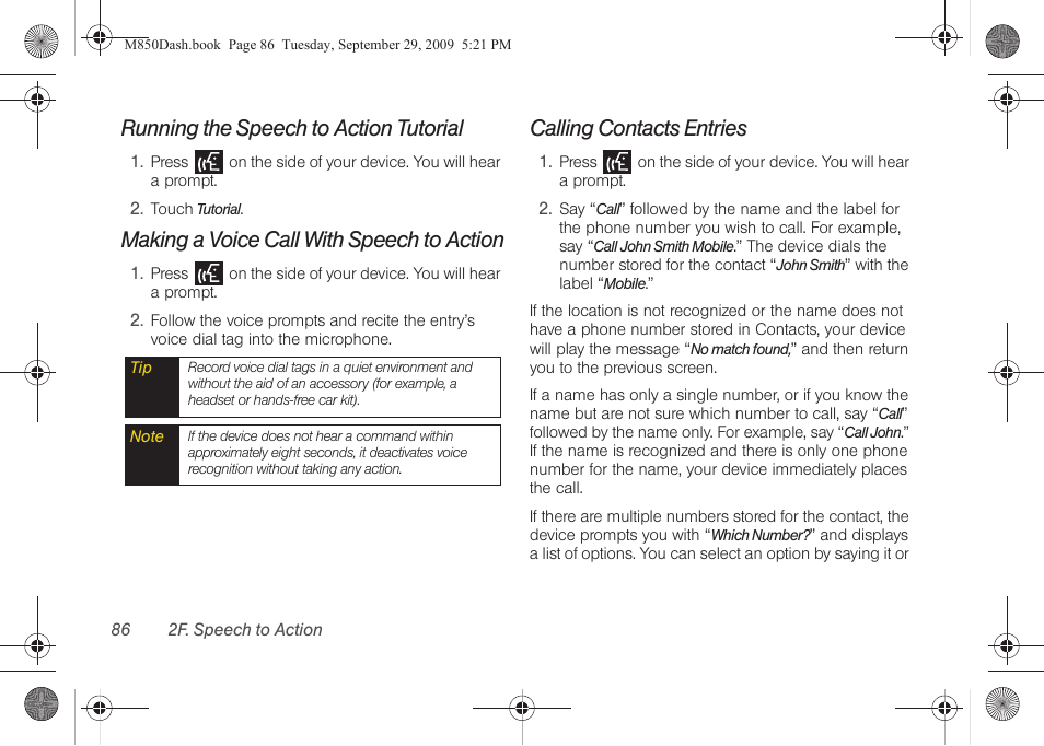 Running the speech to action tutorial, Making a voice call with speech to action, Calling contacts entries | Samsung SPH-M850BSASPR User Manual | Page 98 / 241