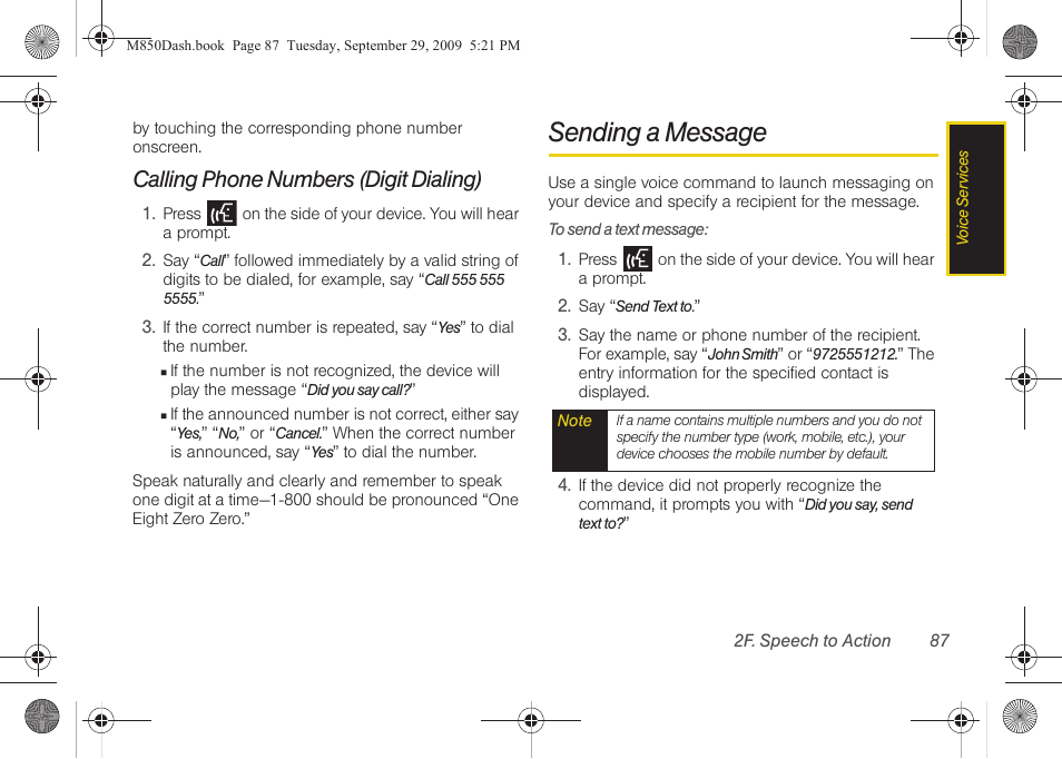 Calling phone numbers (digit dialing), Sending a message | Samsung SPH-M850BSASPR User Manual | Page 99 / 241
