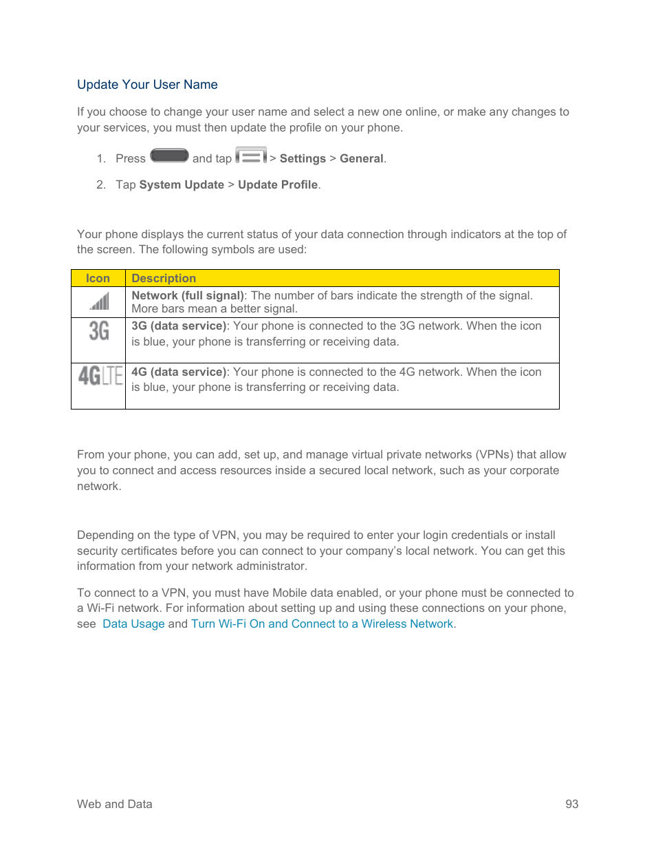 Data connection status and indicators, Virtual private networks (vpn), Prepare your phone for vpn connection | Samsung SM-N900PZKESPR User Manual | Page 106 / 224