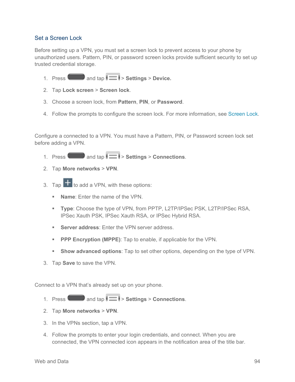 Add a vpn, Connect to a vpn | Samsung SM-N900PZKESPR User Manual | Page 107 / 224