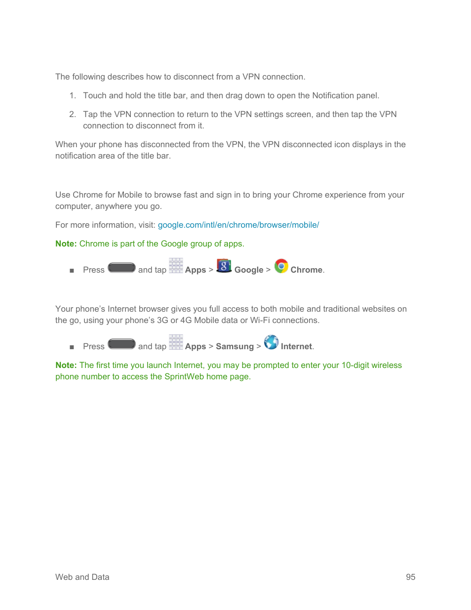 Disconnect from a vpn, Chrome, Internet | Samsung SM-N900PZKESPR User Manual | Page 108 / 224