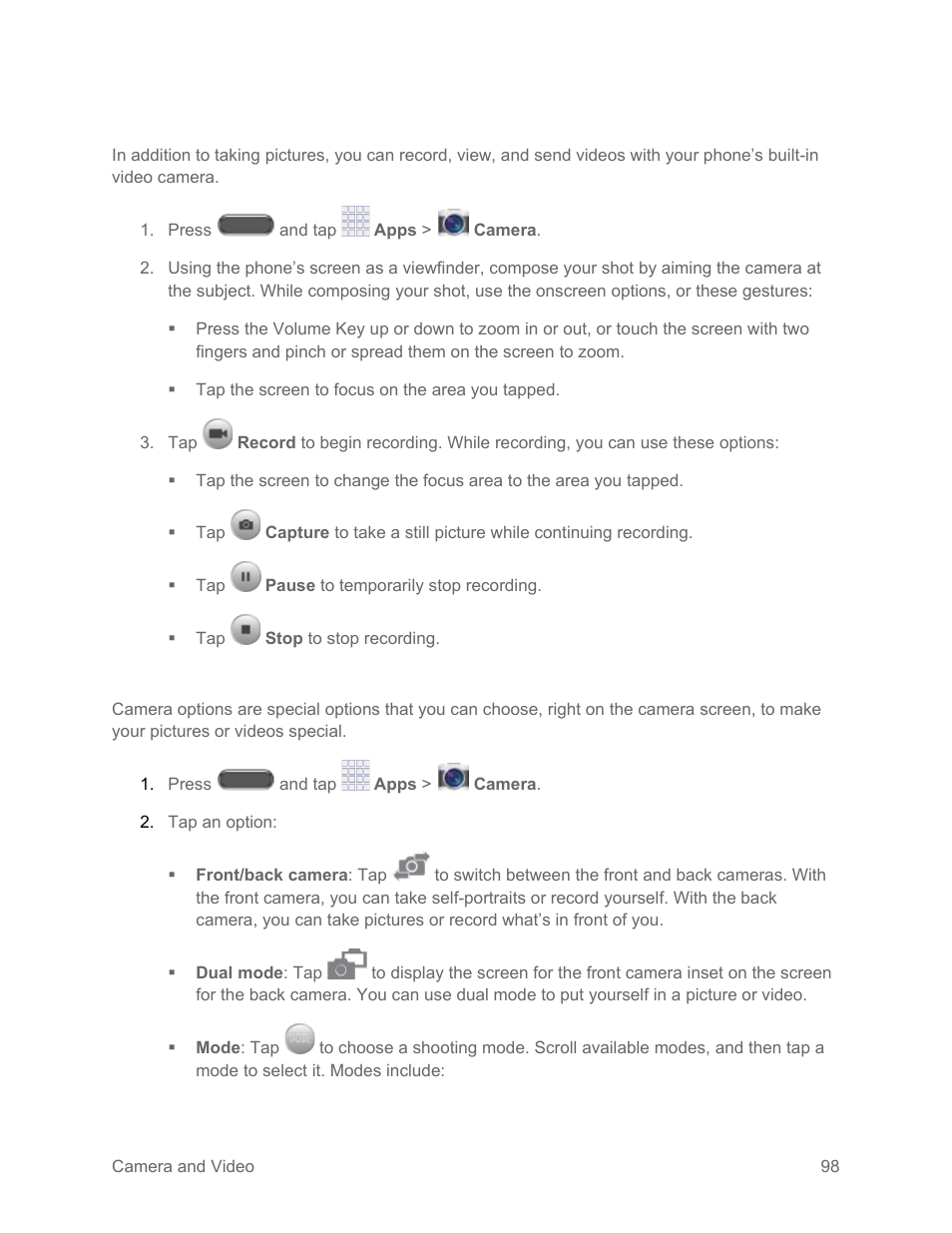 Record videos, Camera options | Samsung SM-N900PZKESPR User Manual | Page 111 / 224