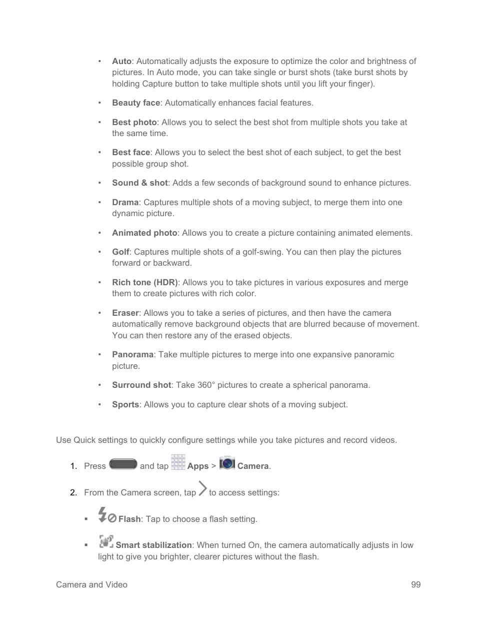 Quick camera settings | Samsung SM-N900PZKESPR User Manual | Page 112 / 224