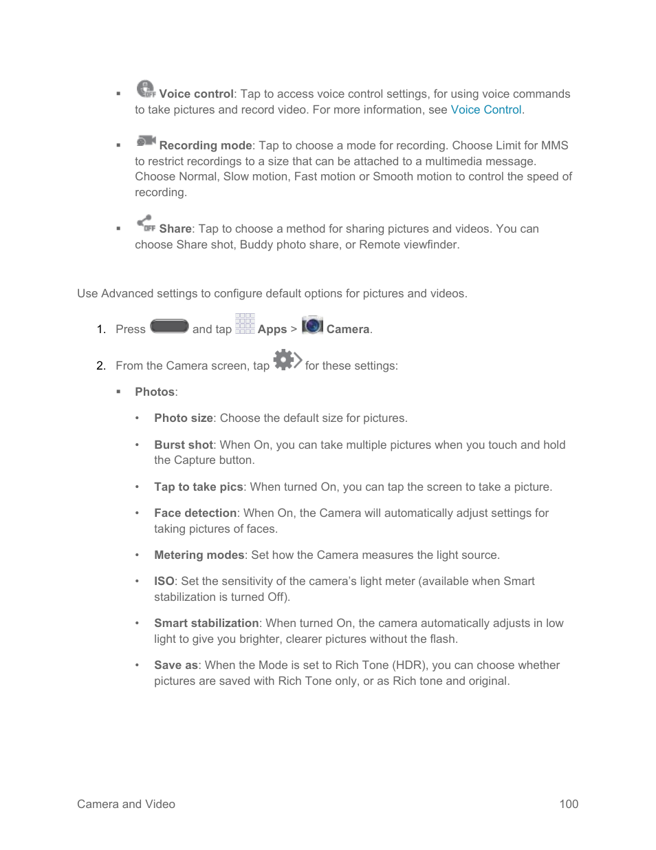 Advanced camera settings | Samsung SM-N900PZKESPR User Manual | Page 113 / 224