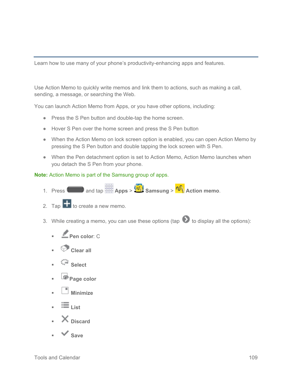 Tools and calendar, Action memo | Samsung SM-N900PZKESPR User Manual | Page 122 / 224