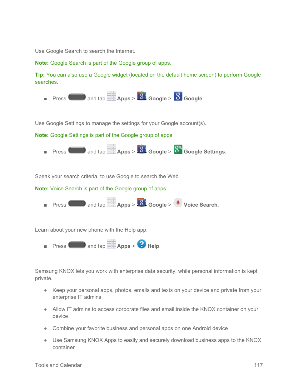 Google search, Google settings, Google voice search | Help, Knox | Samsung SM-N900PZKESPR User Manual | Page 130 / 224