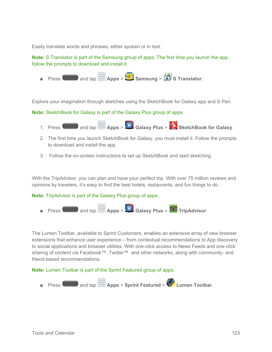 S translator, Sketchbook for galaxy, Tripadvisor | Lumen toolbar | Samsung SM-N900PZKESPR User Manual | Page 136 / 224