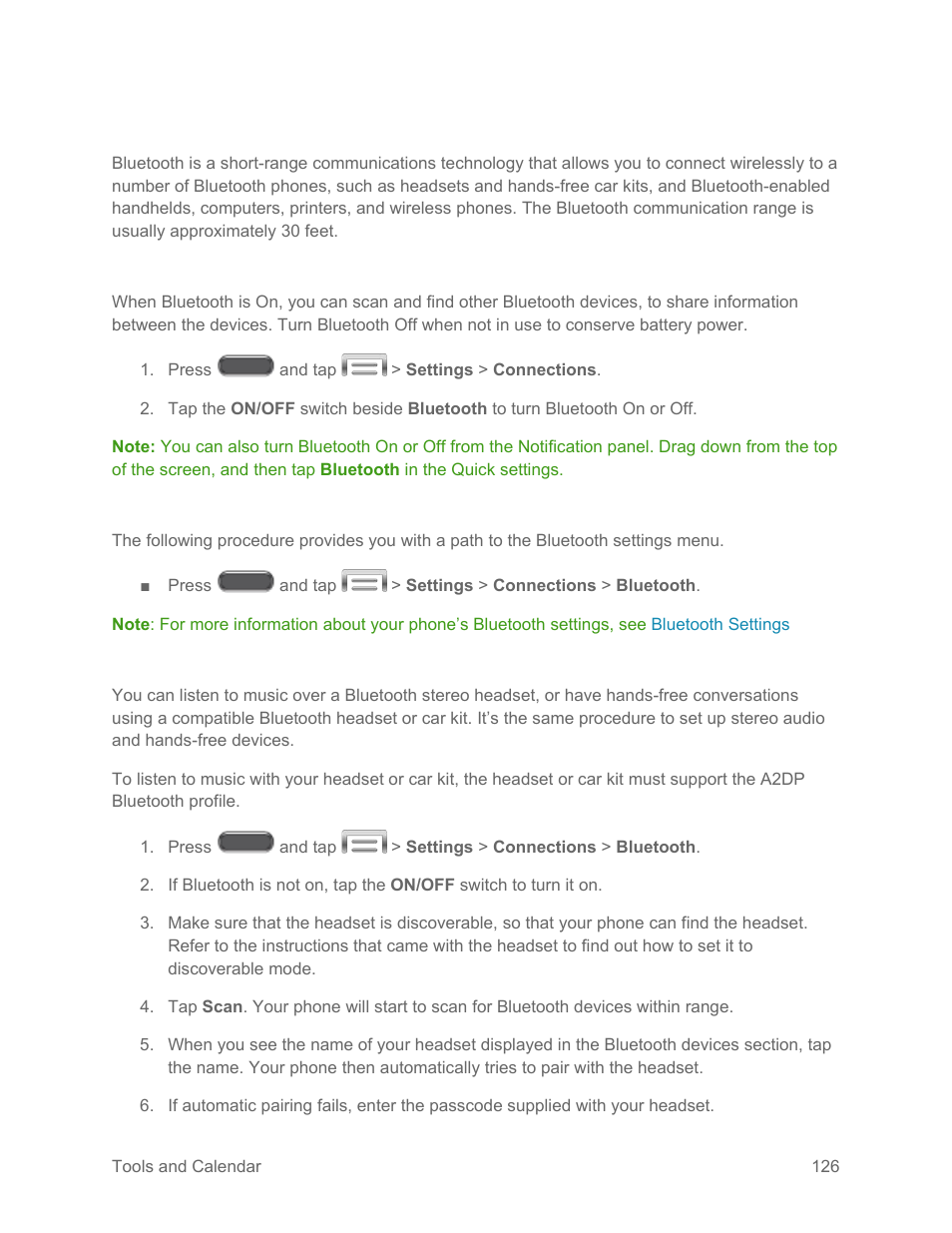 Bluetooth, Turn bluetooth on or off, The bluetooth settings menu | Connect a bluetooth headset or car kit | Samsung SM-N900PZKESPR User Manual | Page 139 / 224
