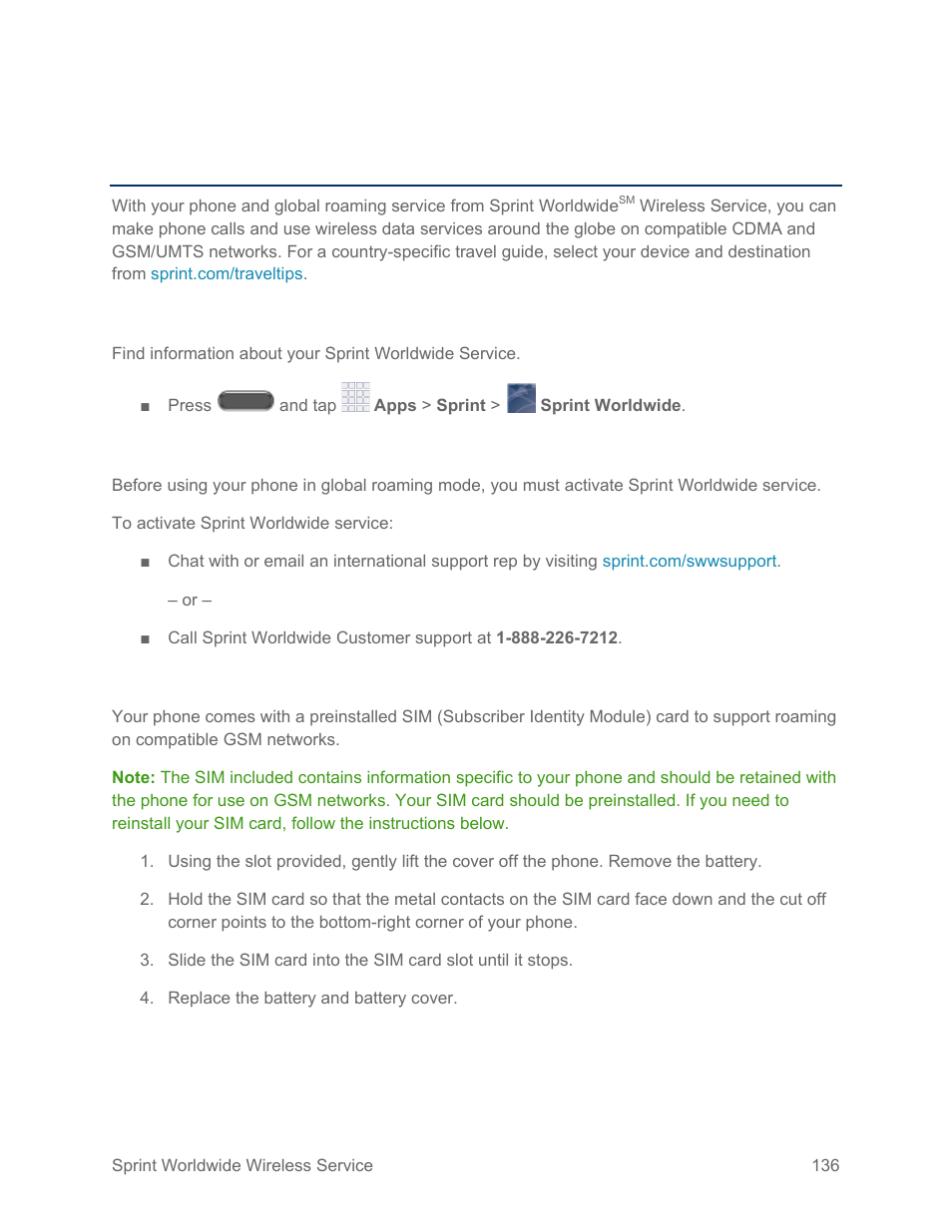 Sprint worldwide wireless service, Access sprint worldwide info from your phone, Activate sprint worldwide service on your account | Your sim card | Samsung SM-N900PZKESPR User Manual | Page 149 / 224