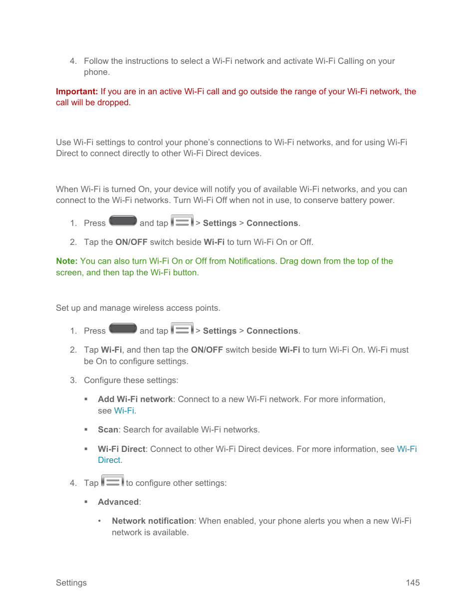 Wi-fi settings, Turn wi-fi on or off, Configure wi-fi settings | Samsung SM-N900PZKESPR User Manual | Page 158 / 224