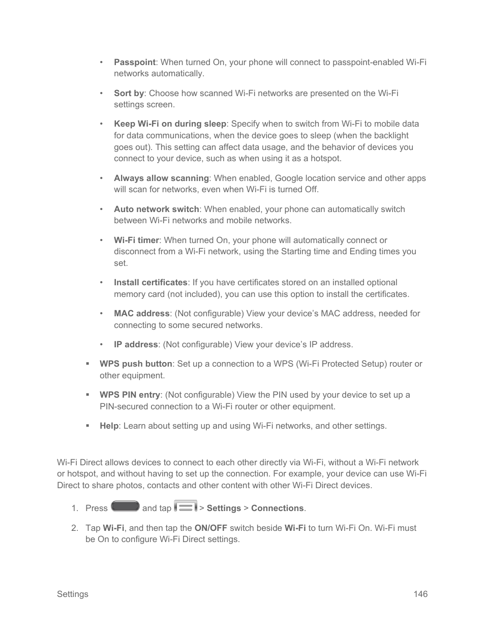 Wi-fi direct, Wi-fi, Direct | Samsung SM-N900PZKESPR User Manual | Page 159 / 224