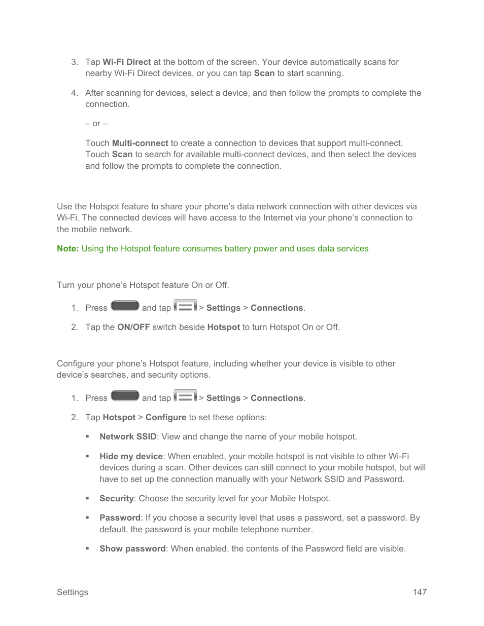 Hotspot, Turn hotspot on or off, Configure hotspot | Samsung SM-N900PZKESPR User Manual | Page 160 / 224