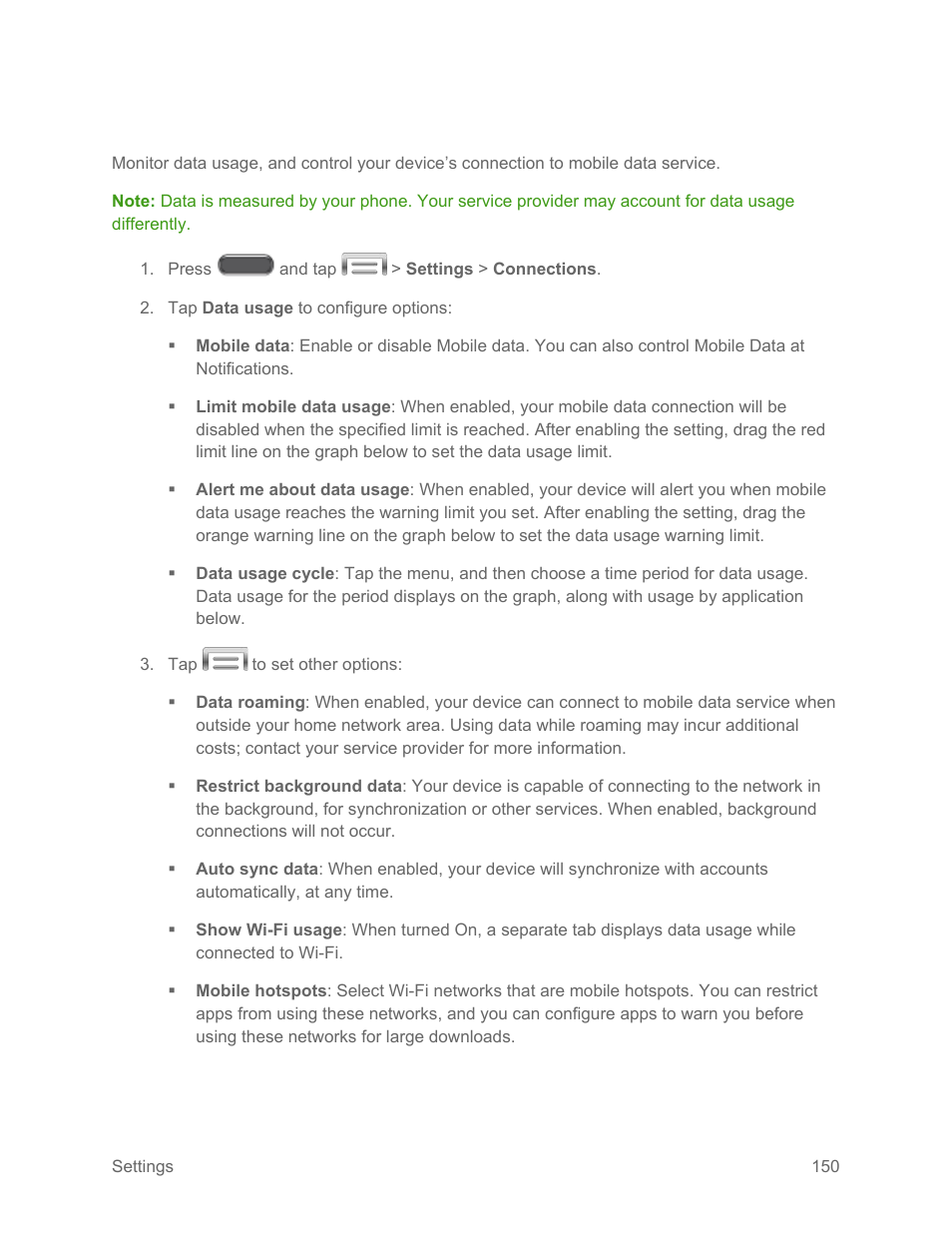 Data usage | Samsung SM-N900PZKESPR User Manual | Page 163 / 224