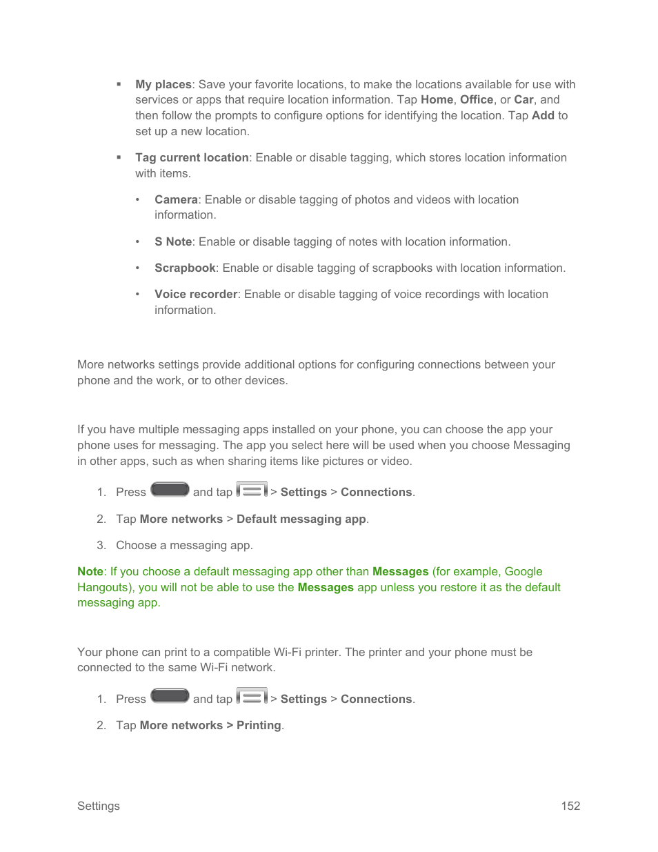 More networks settings, Default messaging app, Printing | Samsung SM-N900PZKESPR User Manual | Page 165 / 224