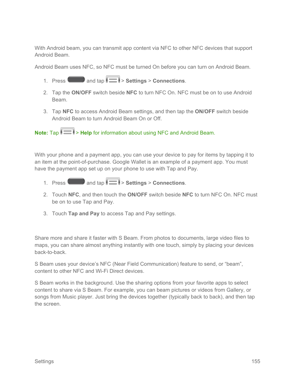 Android beam, Tap and pay, S beam | Samsung SM-N900PZKESPR User Manual | Page 168 / 224