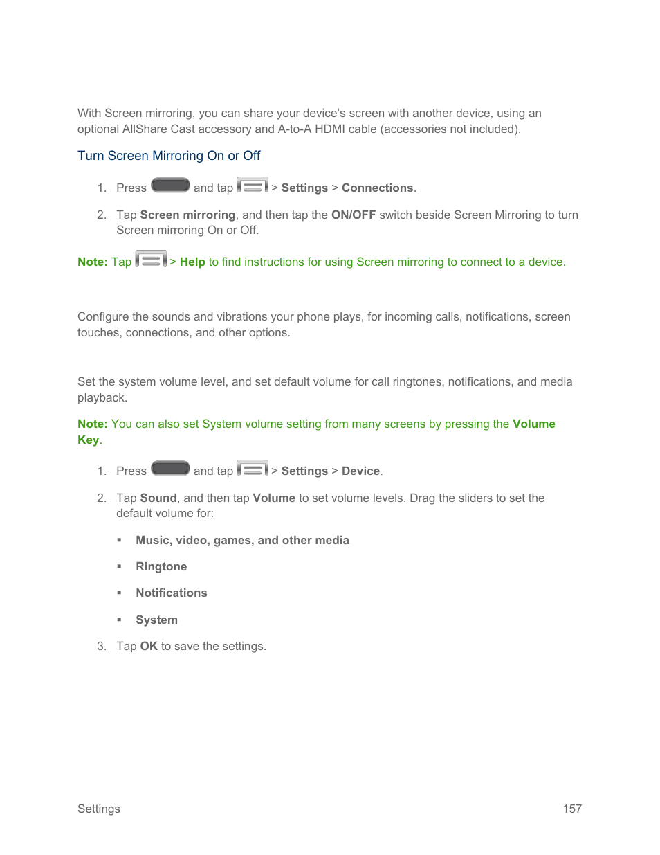 Screen mirroring, Sound, Volume | Samsung SM-N900PZKESPR User Manual | Page 170 / 224