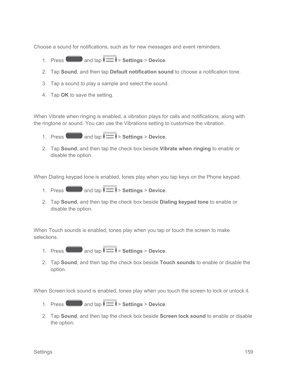 Default notification sound, Vibrate when ringing, Dialing keypad tone | Touch sounds, Screen lock sound | Samsung SM-N900PZKESPR User Manual | Page 172 / 224