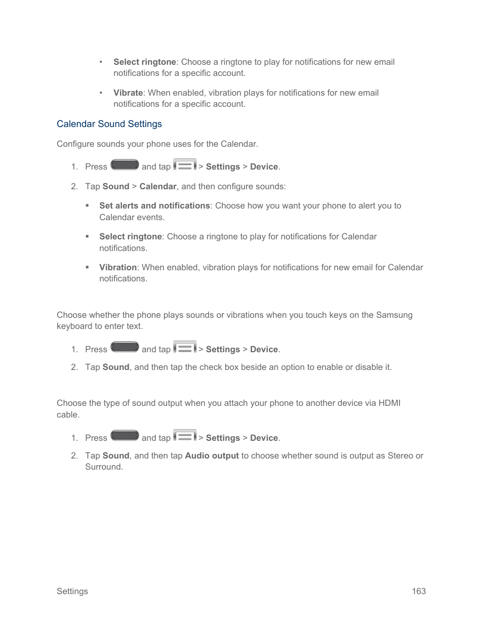 Samsung keyboard, Hdmi audio output | Samsung SM-N900PZKESPR User Manual | Page 176 / 224
