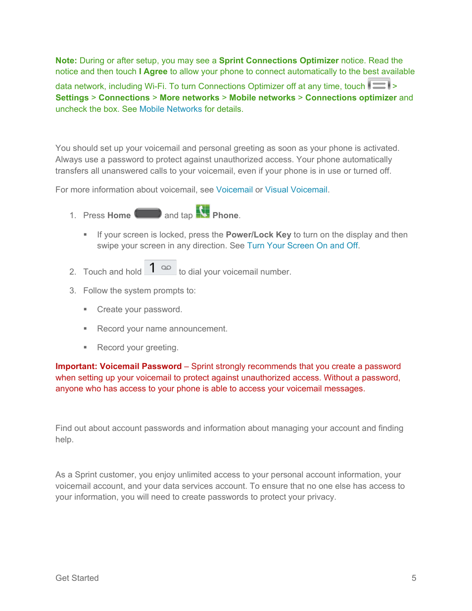 Set up voicemail, Sprint account information and help, Sprint account passwords | Samsung SM-N900PZKESPR User Manual | Page 18 / 224