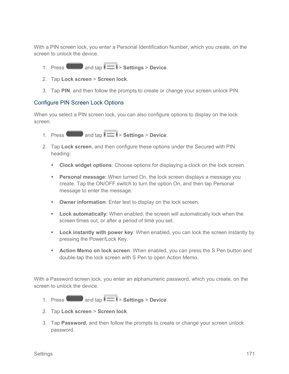 Set a pin screen lock, Set a password screen lock | Samsung SM-N900PZKESPR User Manual | Page 184 / 224