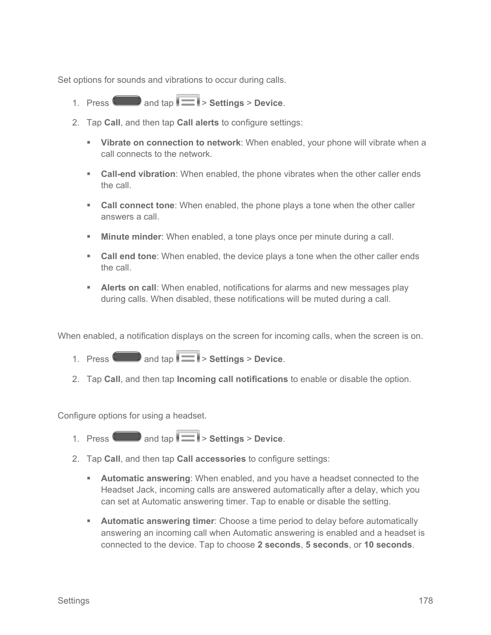 Call alerts, Incoming call notifications, Call accessories | Samsung SM-N900PZKESPR User Manual | Page 191 / 224