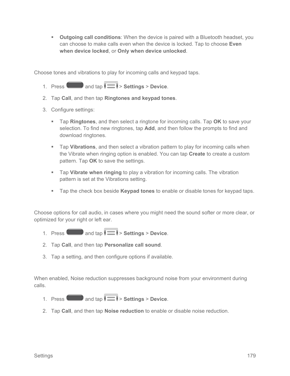 Ringtones and keypad tones, Personalize call sound, Noise reduction | Samsung SM-N900PZKESPR User Manual | Page 192 / 224