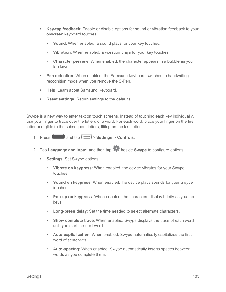 Swype settings | Samsung SM-N900PZKESPR User Manual | Page 198 / 224
