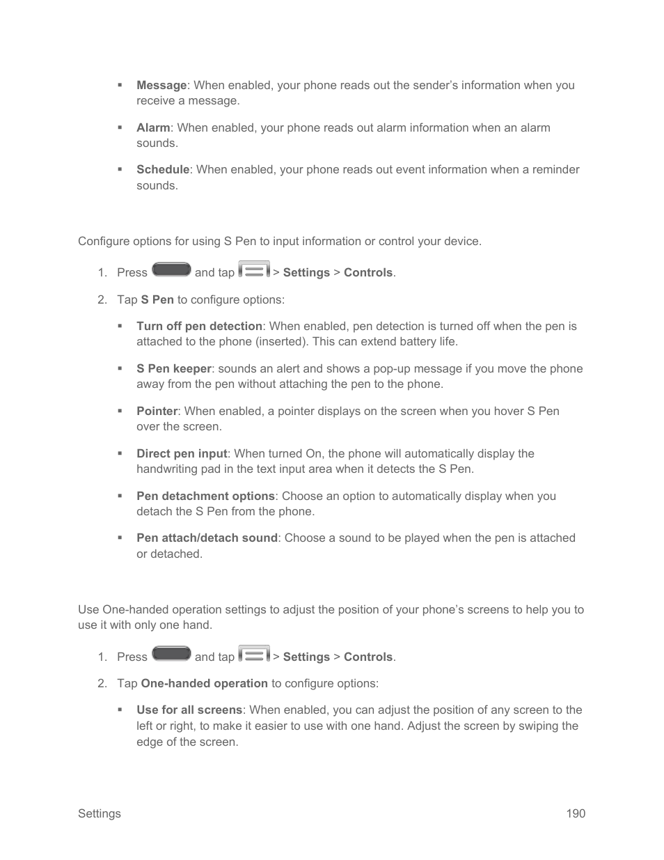 S pen, One-handed operation | Samsung SM-N900PZKESPR User Manual | Page 203 / 224