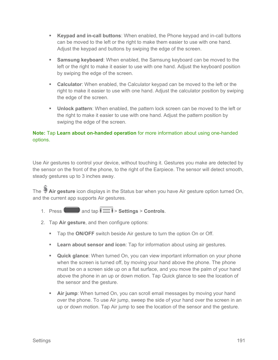 Air gesture settings | Samsung SM-N900PZKESPR User Manual | Page 204 / 224