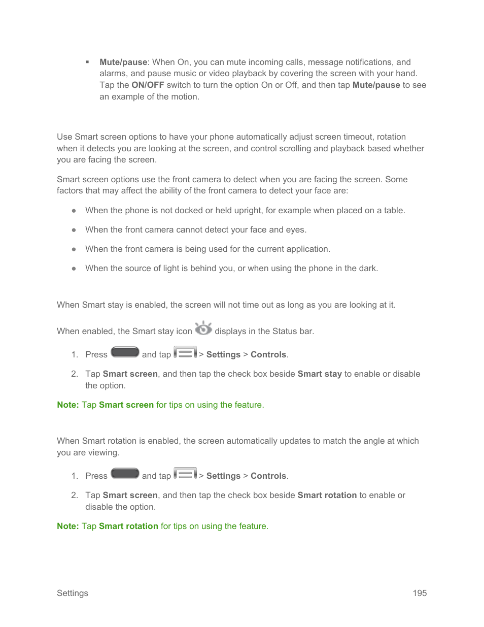 Smart screen, Smart stay, Smart rotation | Samsung SM-N900PZKESPR User Manual | Page 208 / 224