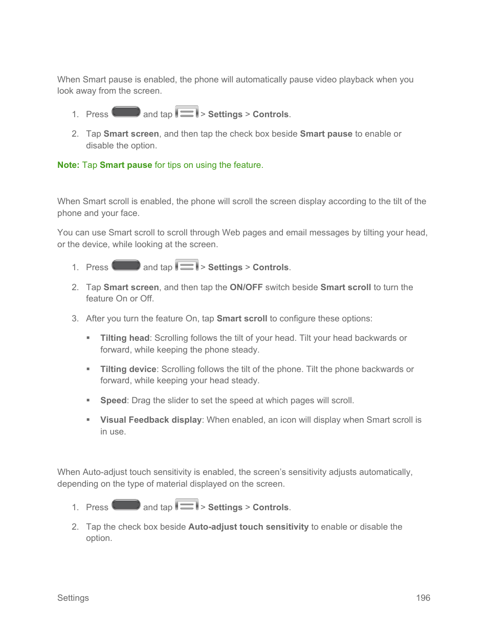 Smart pause, Smart scroll, Auto-adjust touch sensitivity | Samsung SM-N900PZKESPR User Manual | Page 209 / 224