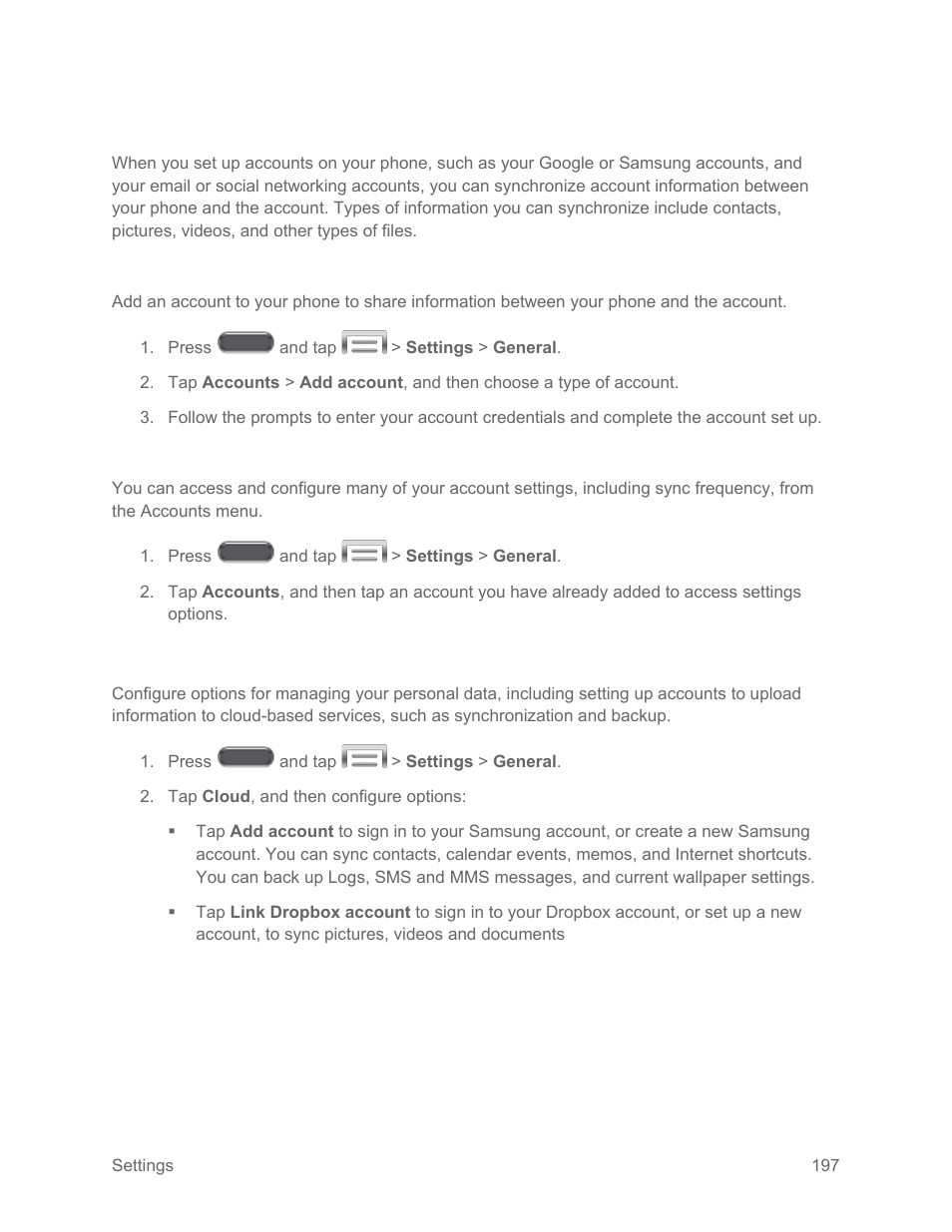 Accounts, Add an account, Configure account settings | Cloud | Samsung SM-N900PZKESPR User Manual | Page 210 / 224