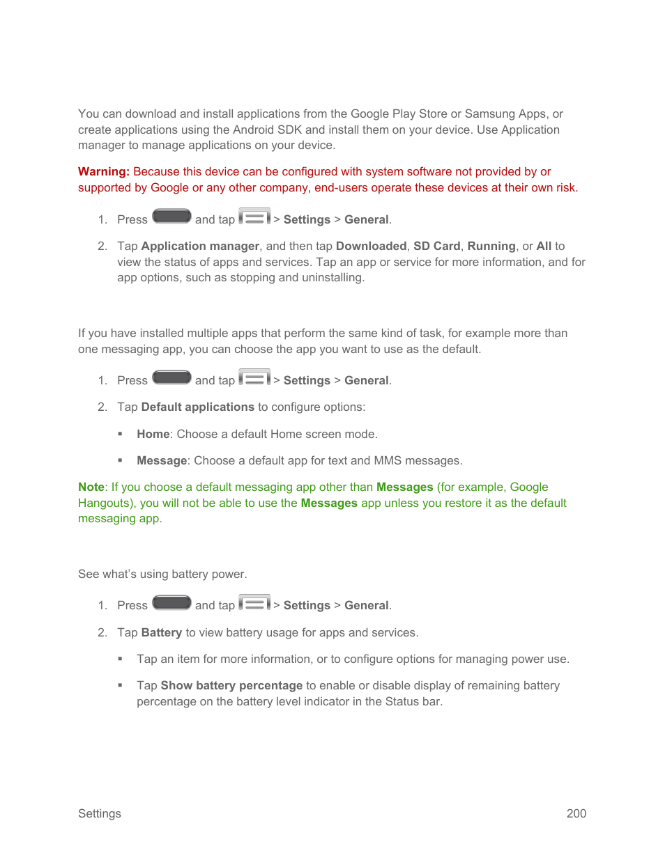 Application manager, Default applications, Battery | Samsung SM-N900PZKESPR User Manual | Page 213 / 224