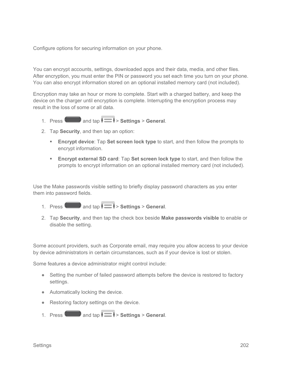 Security, Encryption, Passwords | Device administration | Samsung SM-N900PZKESPR User Manual | Page 215 / 224
