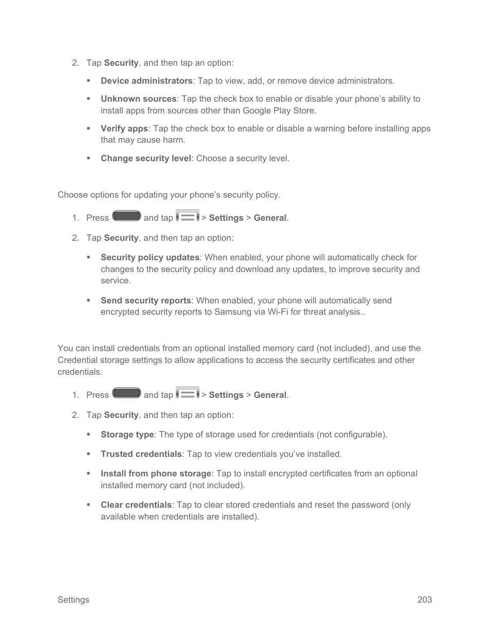 Security update service, Credential storage | Samsung SM-N900PZKESPR User Manual | Page 216 / 224